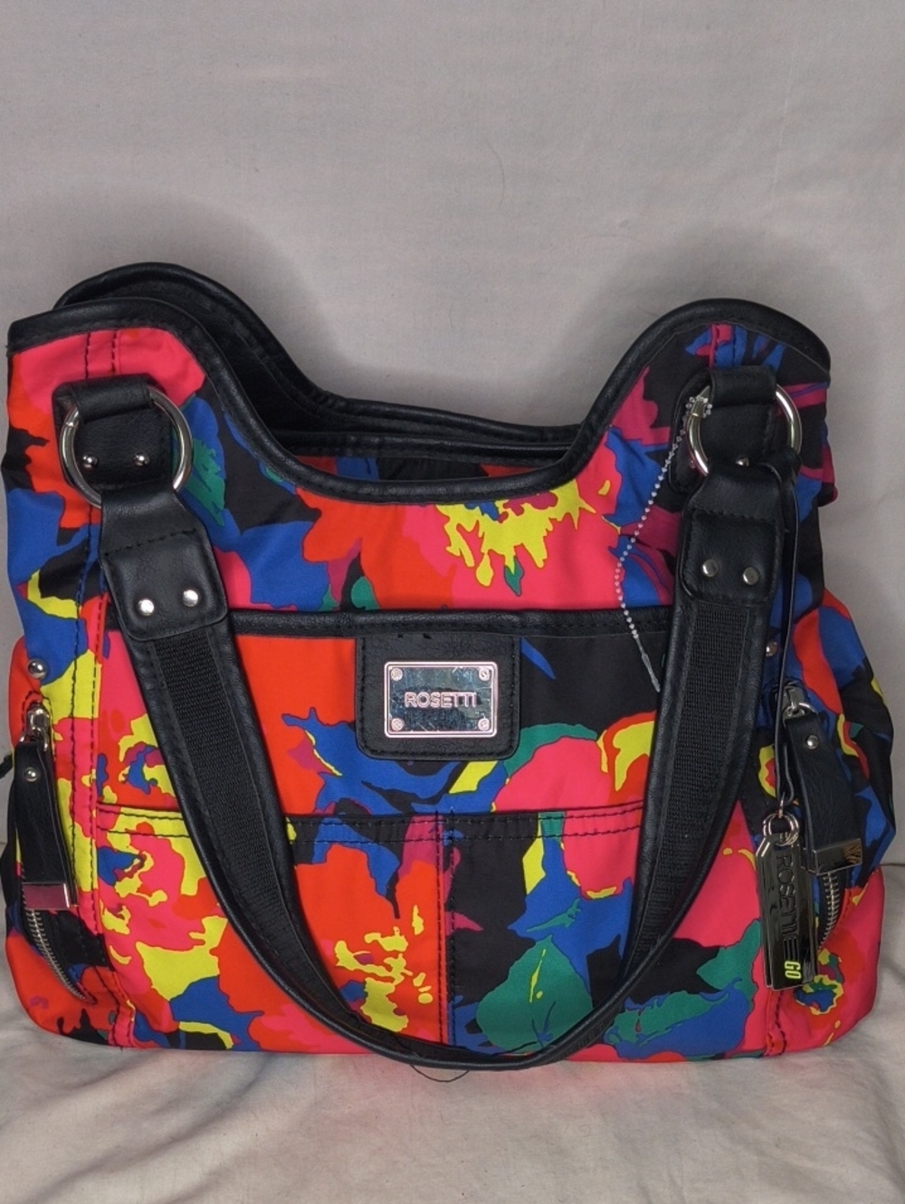 Rosetti Multicolor Floral Shoulder Bag - Black Trim 8 Pockets AE